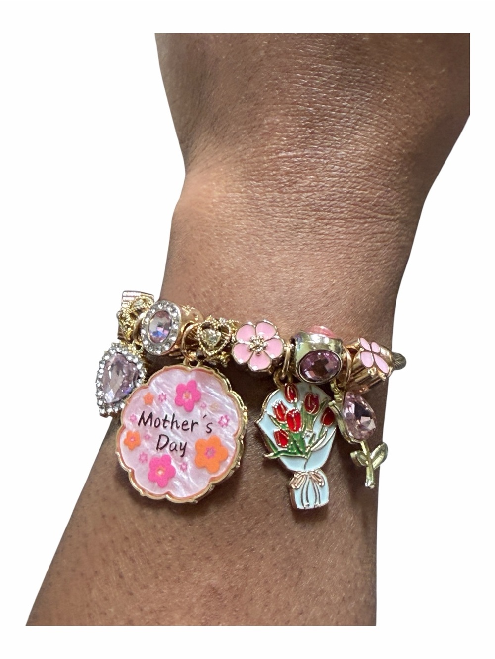 Gold Pink Floral Mother’s Day Charm Adjustable Twisted Bangle - Picture 4 of 6